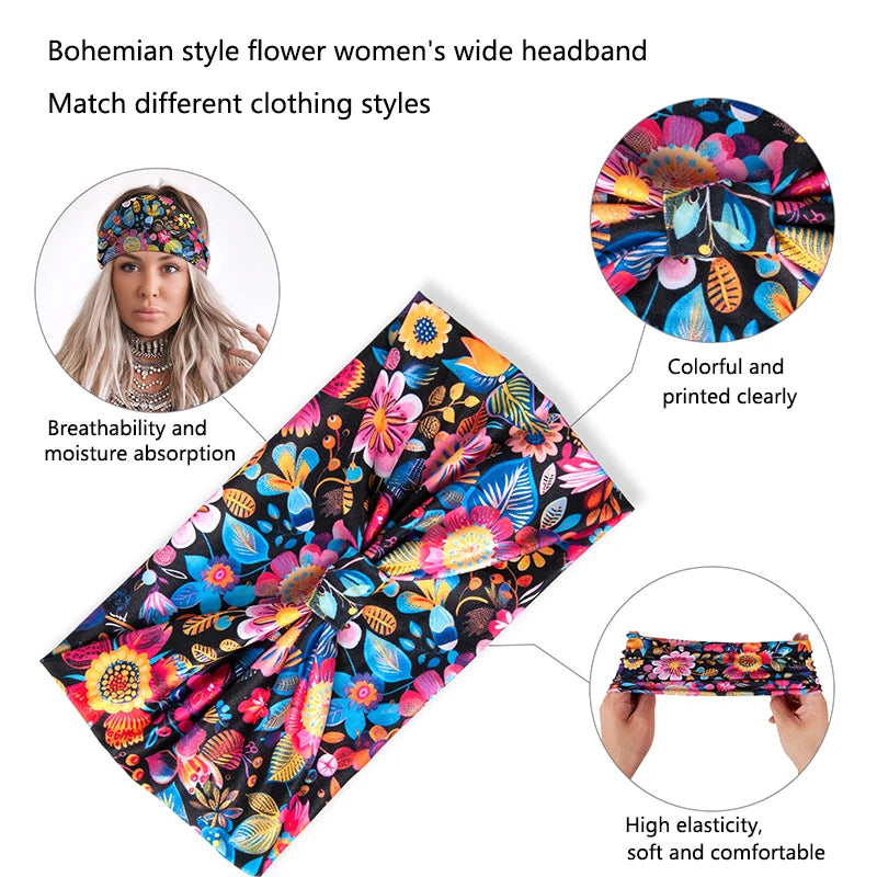 Bohemian Flower Print Elastic Knot Turban Headband for Women Turban Headband QXL