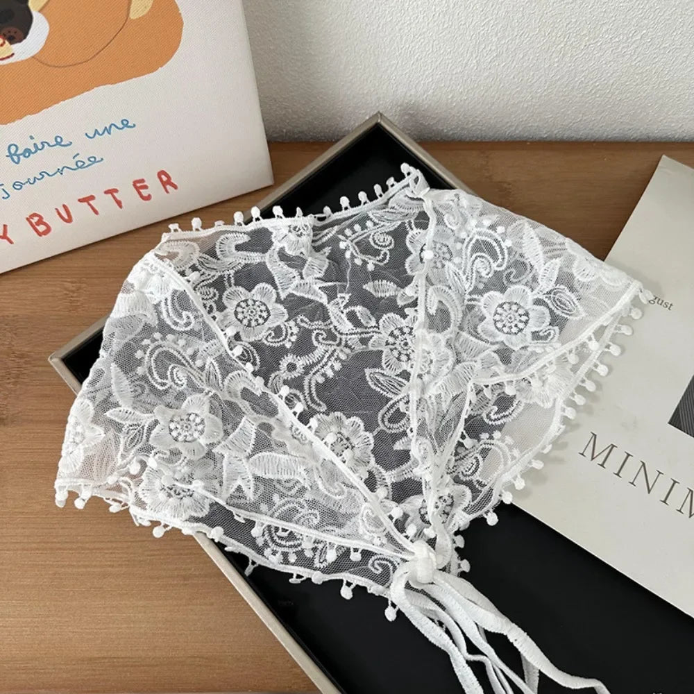 White Lace Triangle Hair Scarf | Floral Woven Headscarf Lace Hair Scarf QXL 1