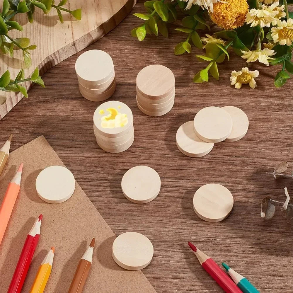 50-Pack 1" Unfinished Beech Wood Circle Cutouts for DIY Crafts Wood Craft Blanks QXL