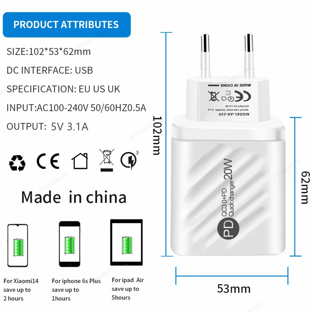 20W USB-C PD Fast Charger with Digital Display | QC 3.0 USB Wall Charger QXL