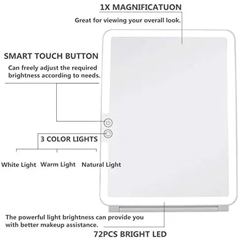 Foldable LED Makeup Mirror USB Rechargeable | 3-Color Dimmable Lighted Vanity Mirror QXL