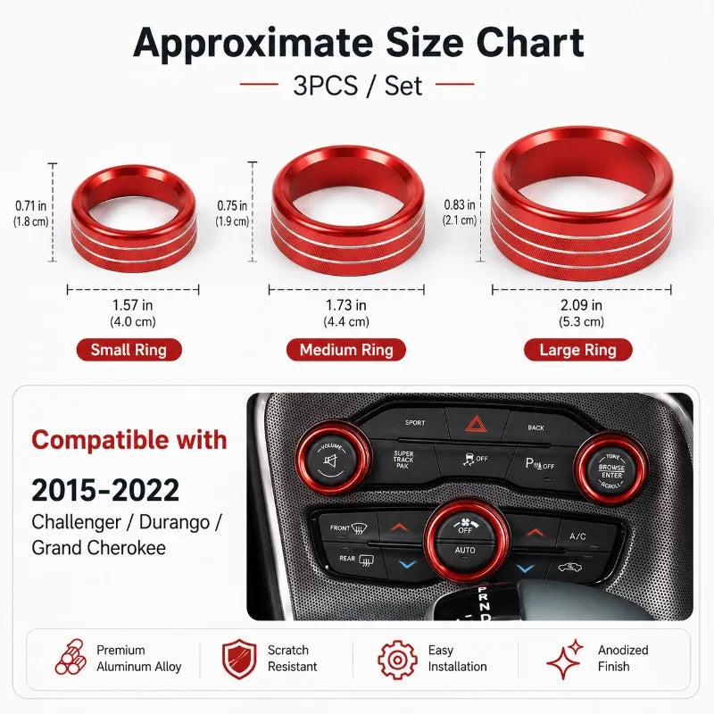 Aluminum A/C Audio Knob Trim Rings | Challenger Durango Cherokee Car Interior Trim QXL