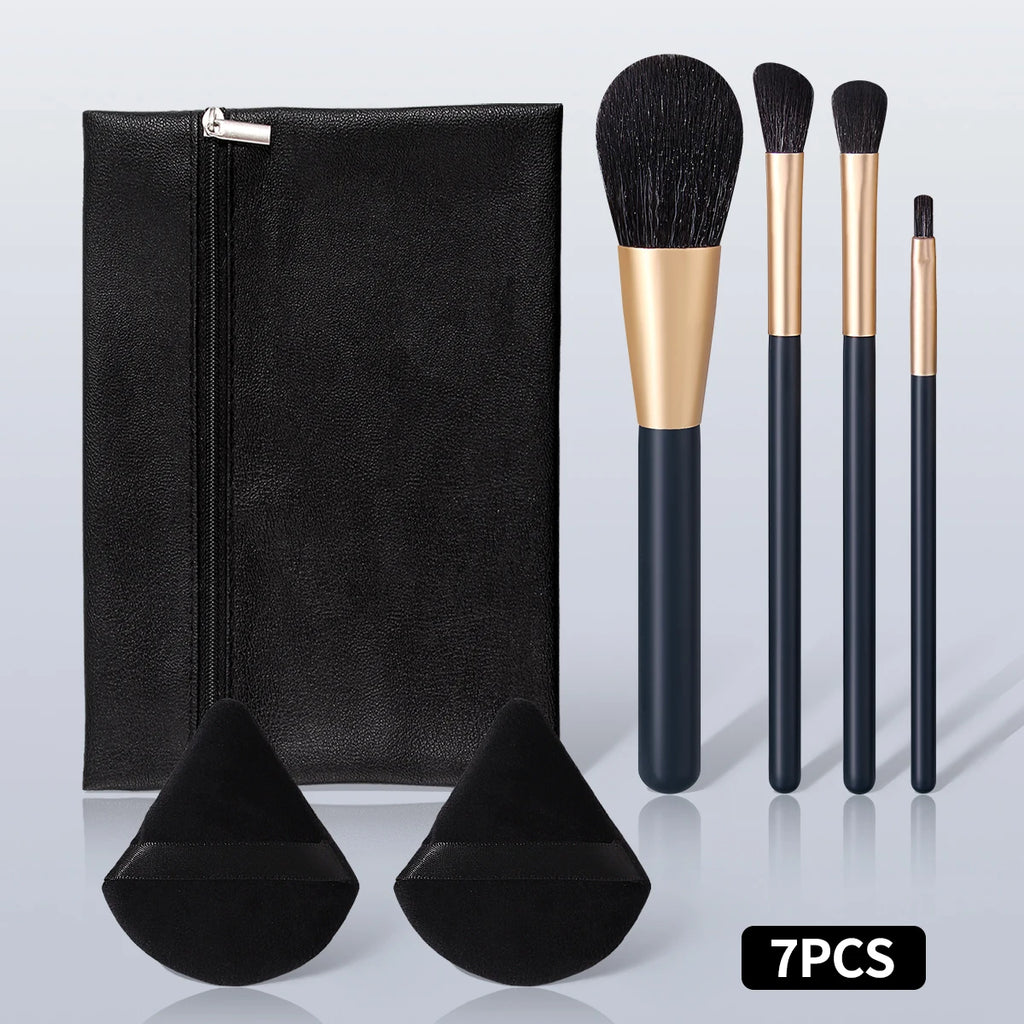 7-Pc Makeup Brush & Velvet Powder Puff Kit | Black Wood Handle Makeup Brush Set QXL black