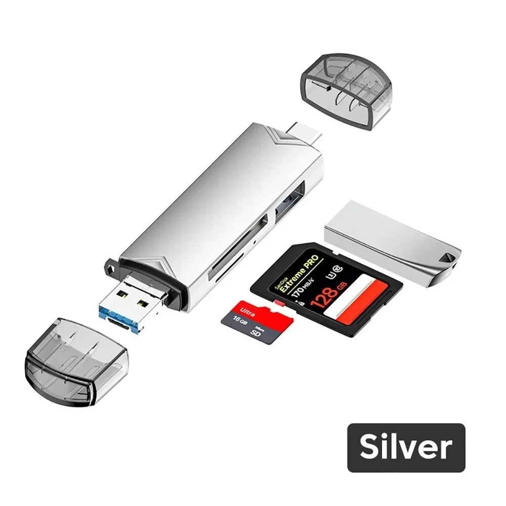 6-in-1 USB 3.0 Type-C OTG Card Reader | SD TF Memory Adapter USB Card Reader QXL Silver