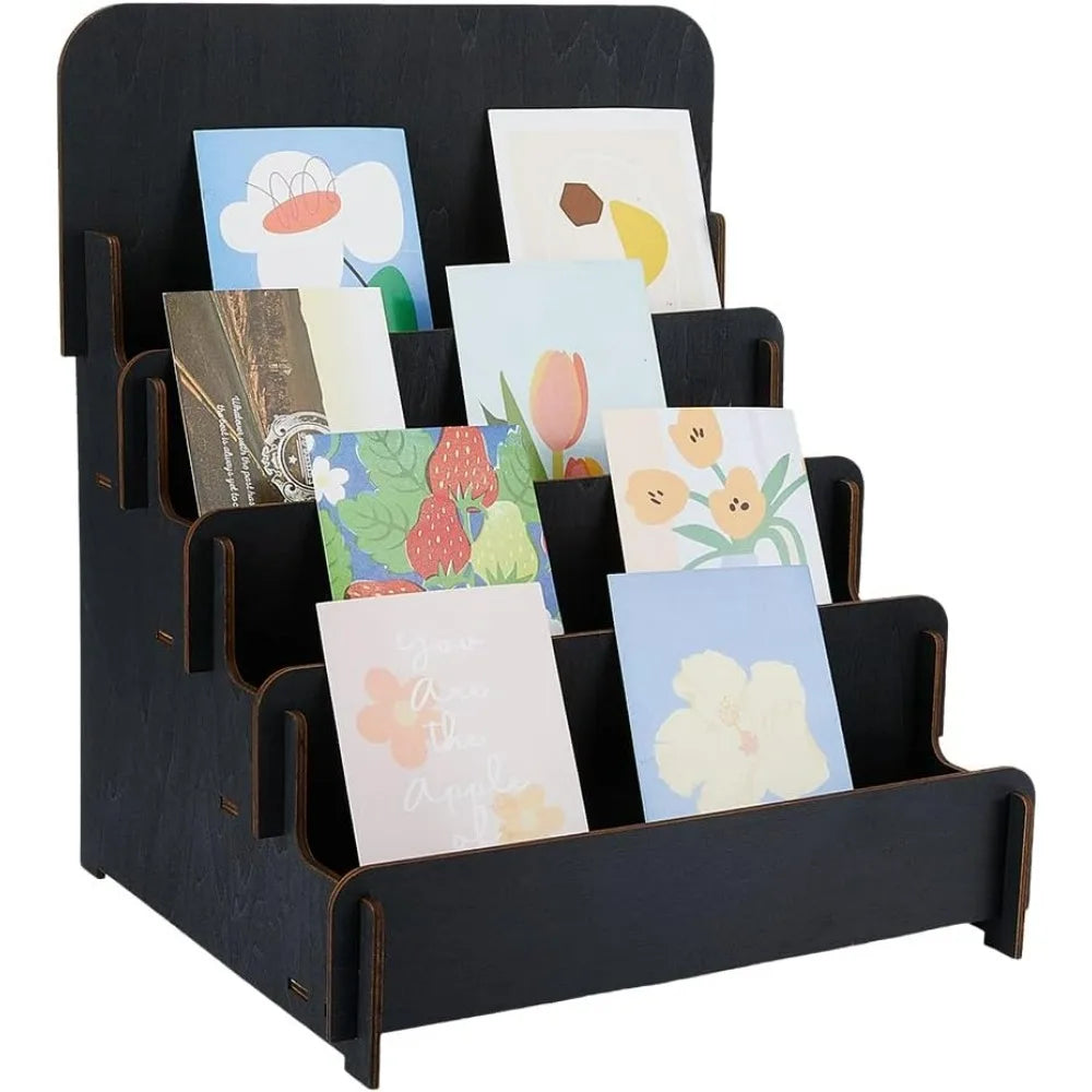 4-Tier Wooden Greeting Card & Brochure Display Stand – Black Card Display Stand QXL