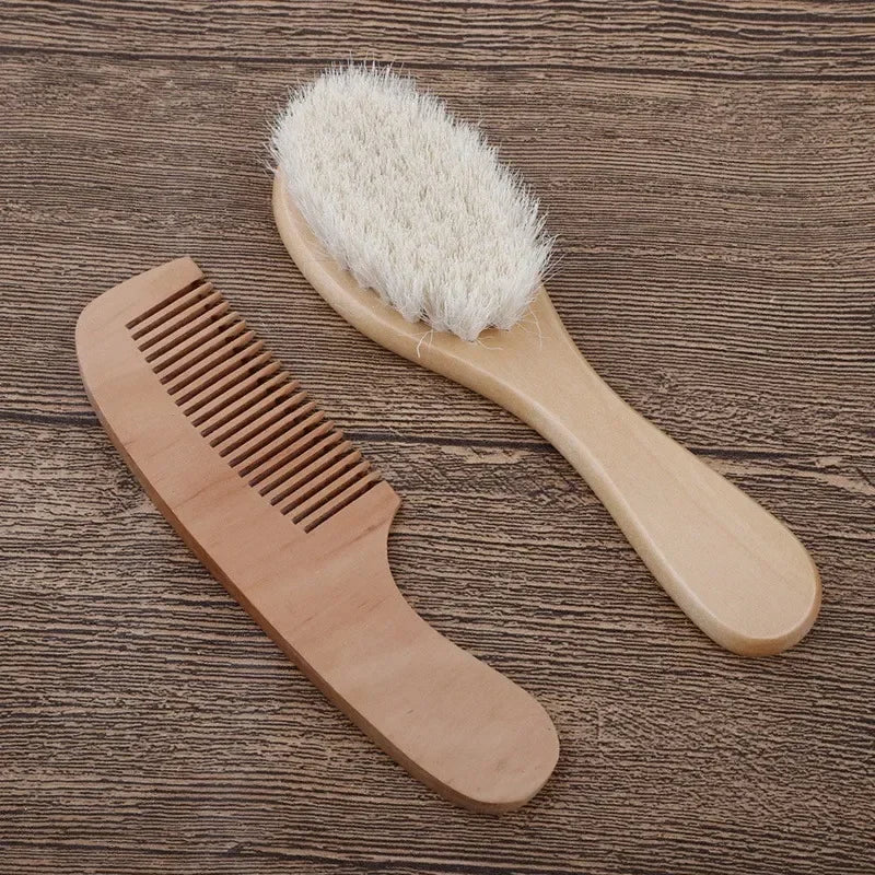 Newborn Baby Hair Brush & Comb Set | Soft Wool Wooden Baby Hair Brush Set QXL