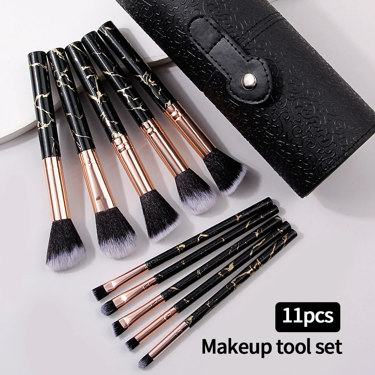 10-Pc Marble Makeup Brush Set & PU Leather Storage Bucket Makeup Brush Set QXL black