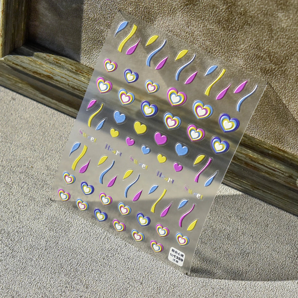 5D Embossed Macaron Heart Nail Art Stickers | Rainbow Decals