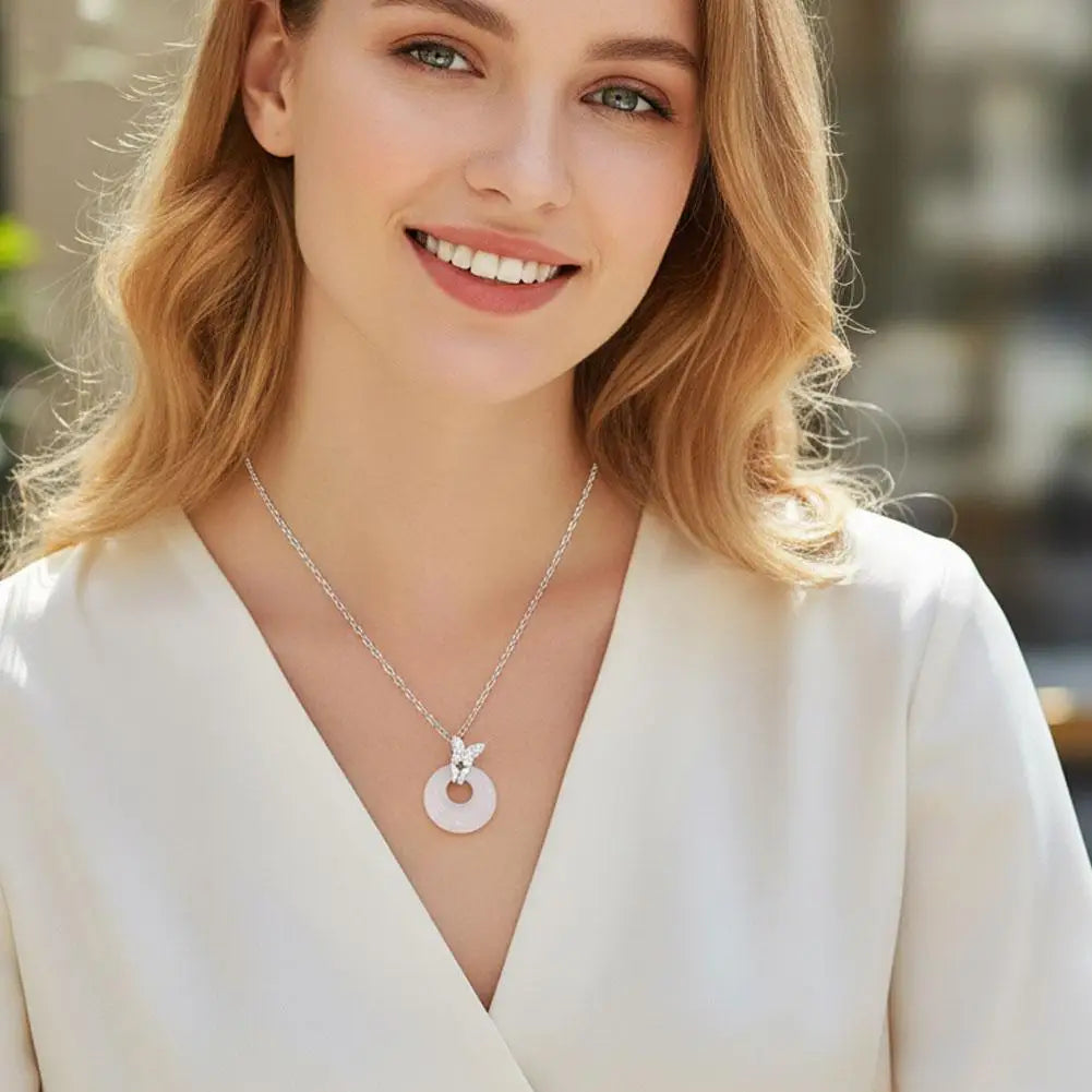 Butterfly Resin Circle Pendant Necklace | Women's Clavicle Pendant Necklace QXL
