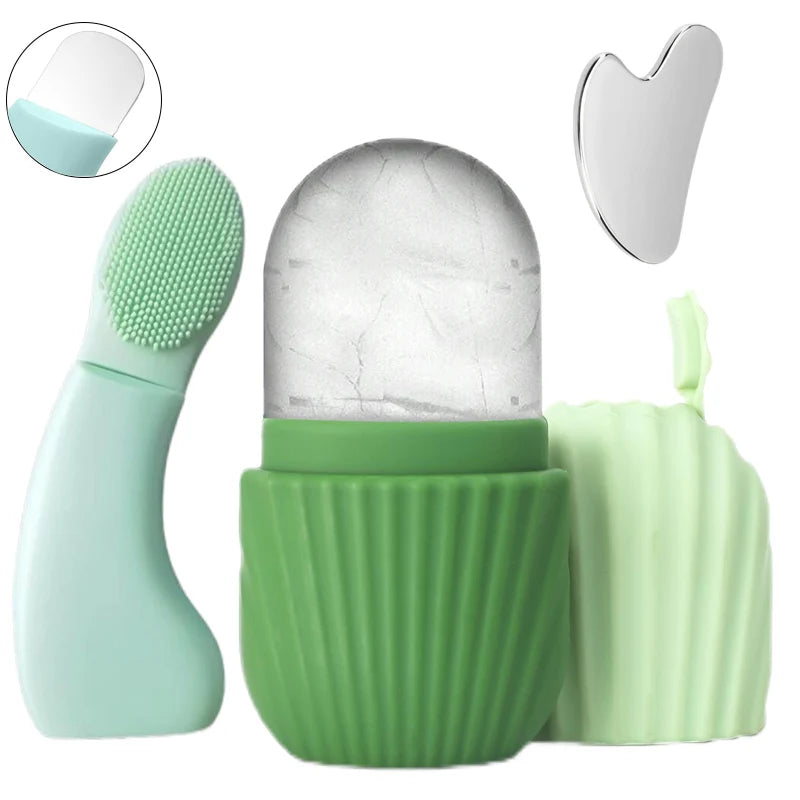 3-Piece Facial Massage Set – Silicone Brush, Cupping & Ice Roller Facial Massage Set QXL green