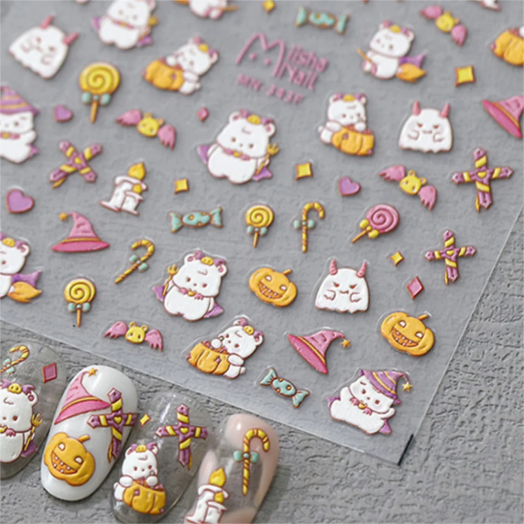 5D Kawaii Bear Halloween Nail Stickers – Ghost & Pumpkin Decals Nail Art Stickers QXL