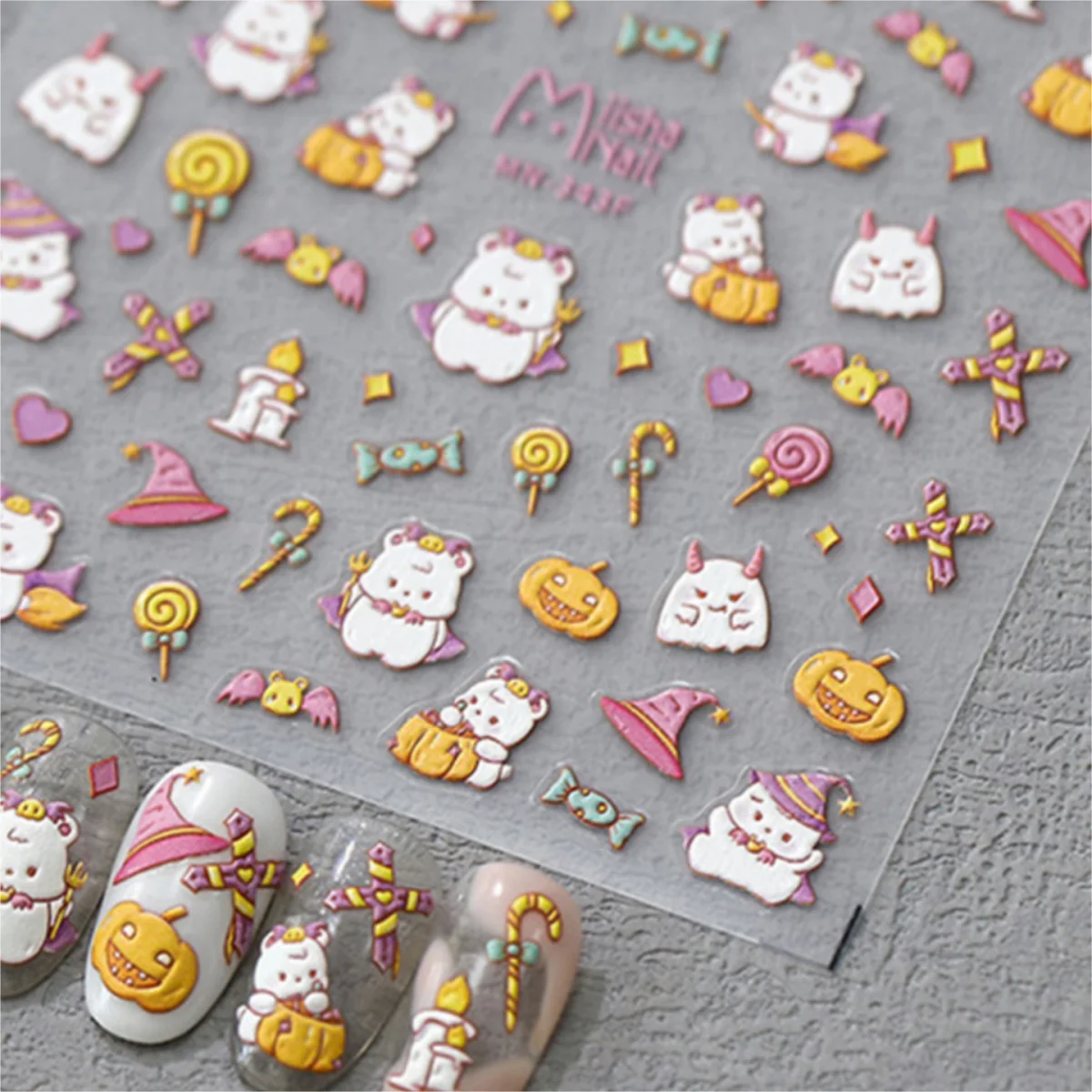 5D Kawaii Bear Halloween Nail Stickers – Ghost & Pumpkin Decals Nail Art Stickers QXL