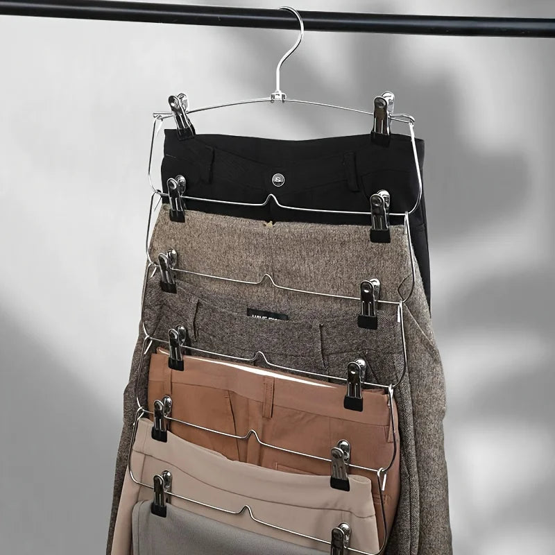 6-Tier Skirt & Pants Hanger with Clips | Space-Saving Closet Multi-Tier Clothes Hanger QXL