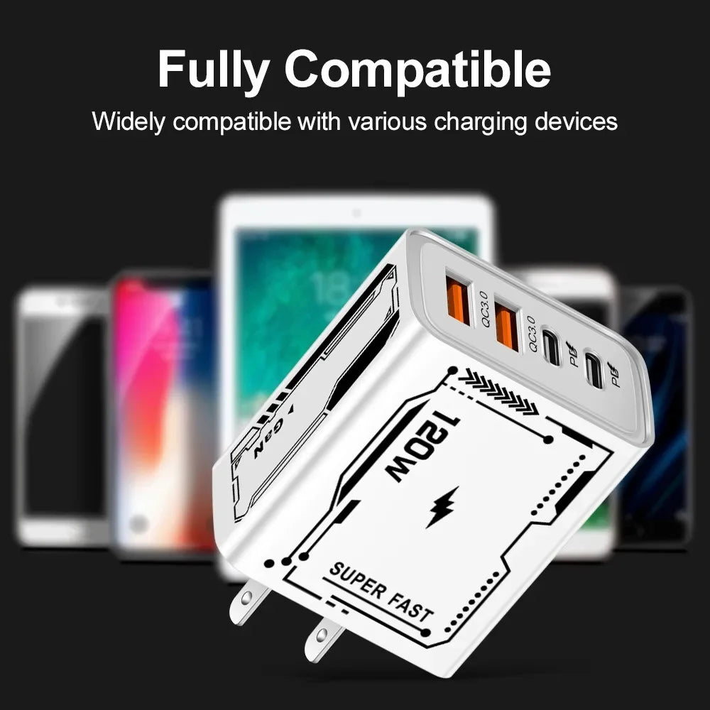 120W USB-C Wall Charger 4-Port QC 3.0 Fast Charging Adapter USB-C Wall Charger QXL