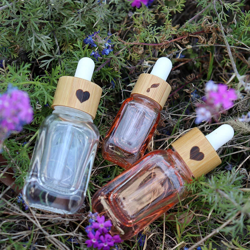 Pink Square Glass Dropper Bottle 10ml 30ml | Bamboo Cap Serum Glass Dropper Bottle QXL