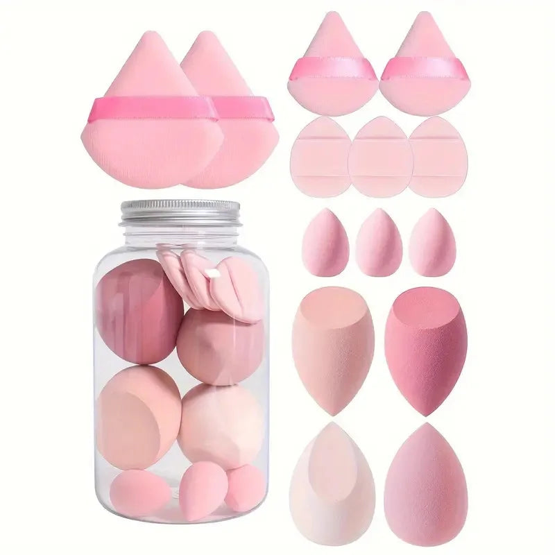 14-Pc Makeup Sponge & Puff Set with Storage Jar | Wet & Dry Makeup Sponge Set QXL Pink