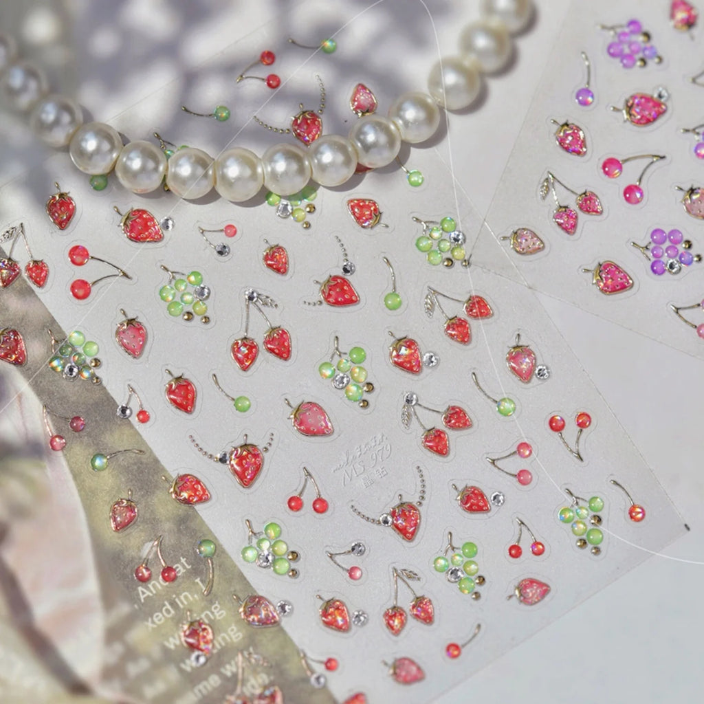 5D Embossed Fruit Nail Stickers | Rhinestone Decals – Strawberry Nail Art Stickers QXL