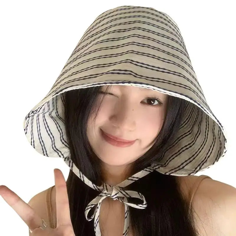 Women's Foldable Wide-Brim Striped Bucket Sun Hat | Panama Bucket Sun Hat QXL