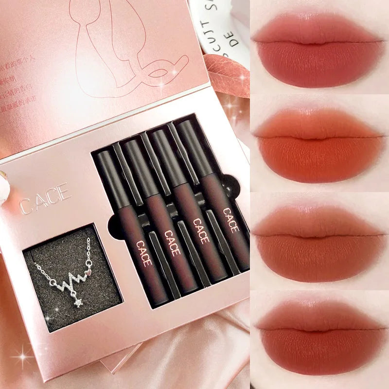 CACE 4-Pc Matte Liquid Lip Gloss Set + Silver Necklace Gift Liquid Lip Gloss Set QXL Makeup Sets