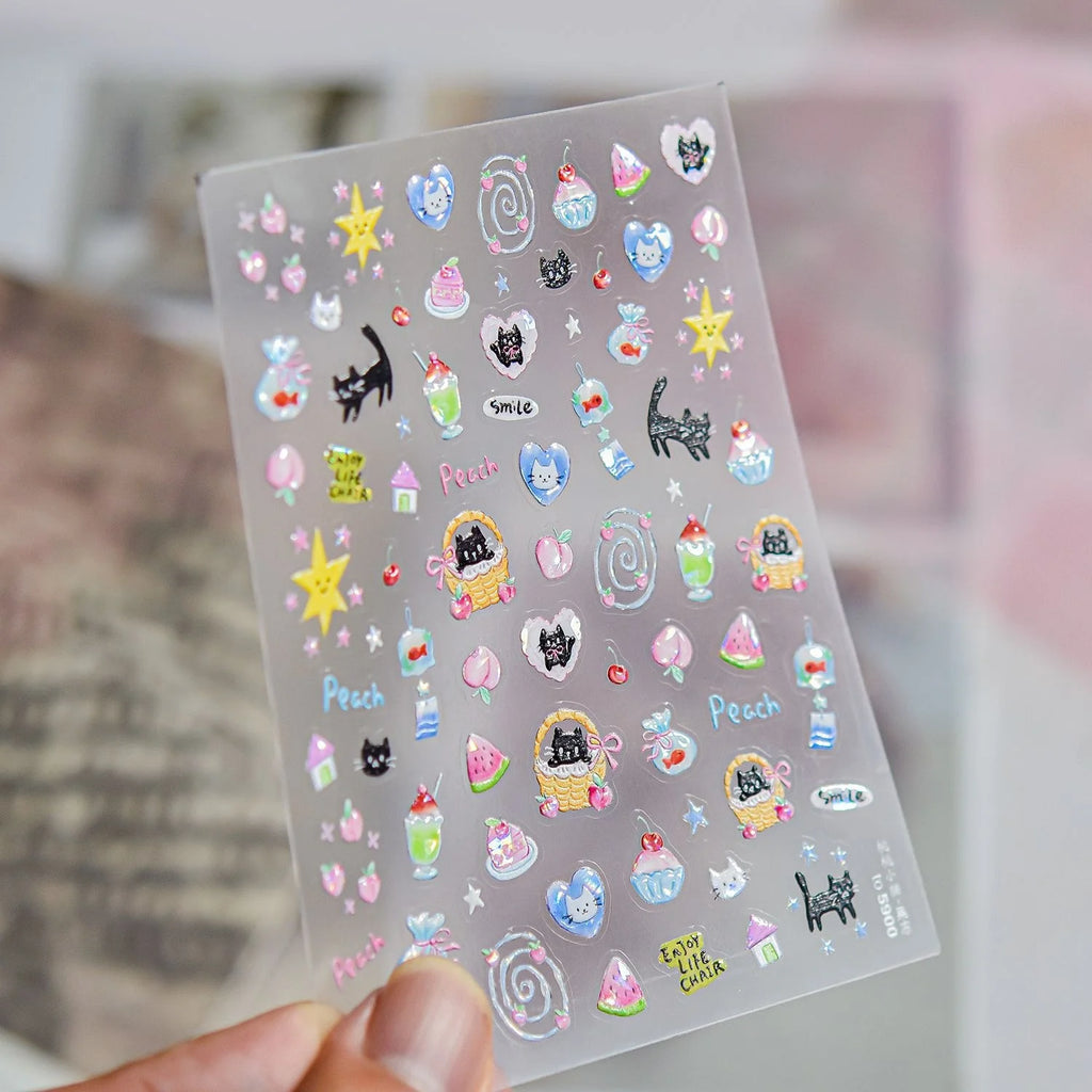 5D Cat & Cartoon Food Nail Stickers | Paw Print Decals DIY Nail Art Stickers QXL to5900