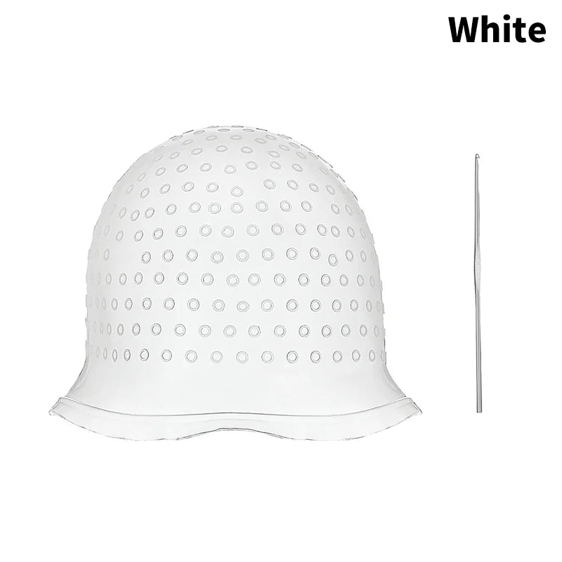 Silicone Hair Highlight Cap & Hook Needle Set | Reusable Hair Colouring Cap Set QXL White
