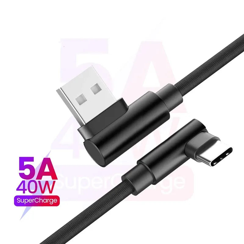 40W 90° Elbow USB-C Fast Charging Braided Cable | 5A USB-C Charging Cable QXL