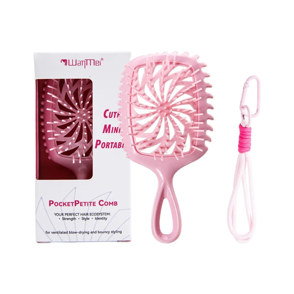 Portable Mini Anti-Static Hair Comb with Lanyard – Hollow Design Portable Hair Comb QXL Pink