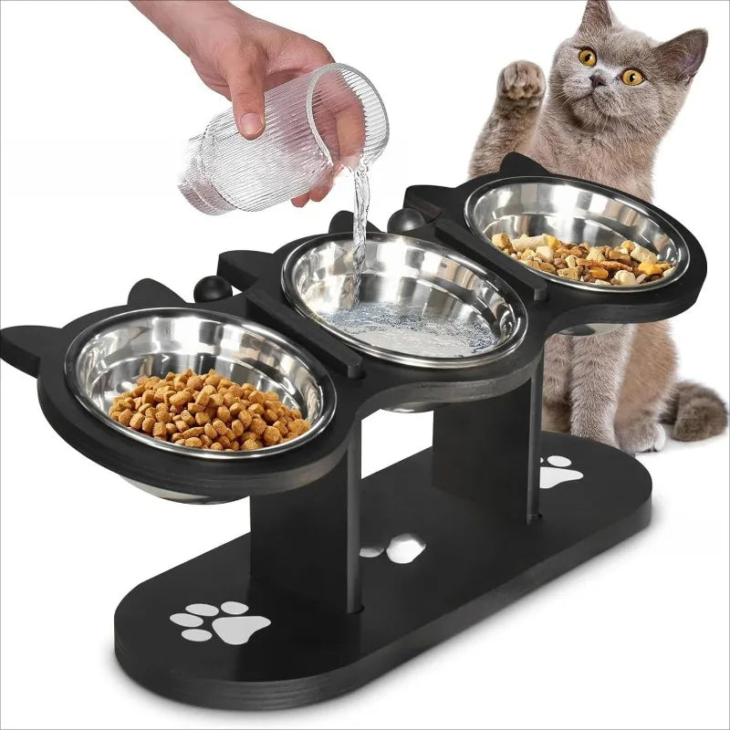 3-Bowl Elevated Cat Feeder | Wooden Stand & Steel Bowls Elevated Pet Feeder QXL