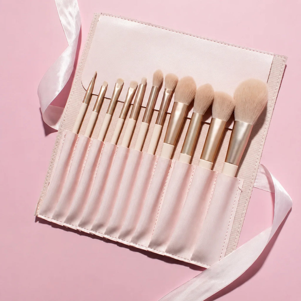 11-Piece Pink Makeup Brush Set with Storage Bag | Soft Bristles Makeup Brush Set QXL