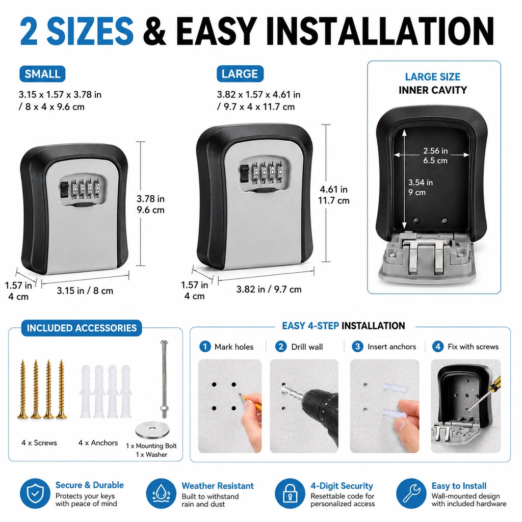 Wall Mounted 4-Digit Combination Key Lock Box | Outdoor Safe Key Lock Box QXL
