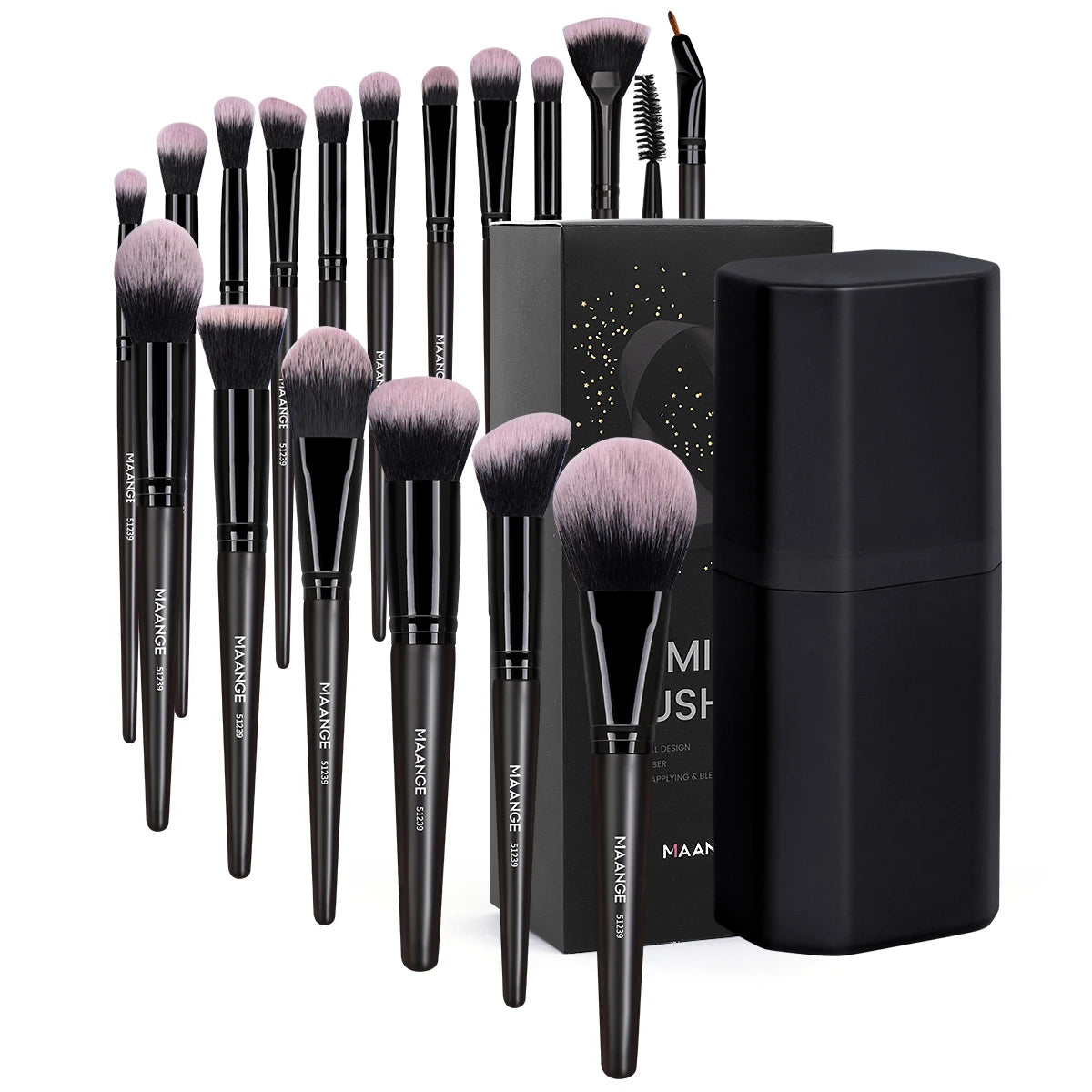 MAANGE 18-Pc Makeup Brush Set with Travel Storage Box Makeup Brush Set QXL Black
