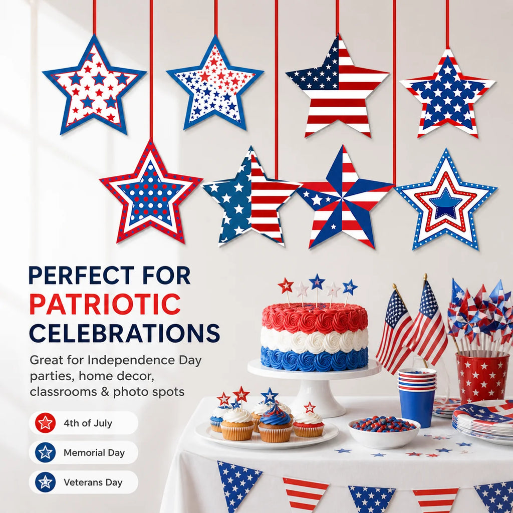 8-Pack 4th of July Hanging Star Ornaments | Red White Blue Party Hanging Ornaments QXL