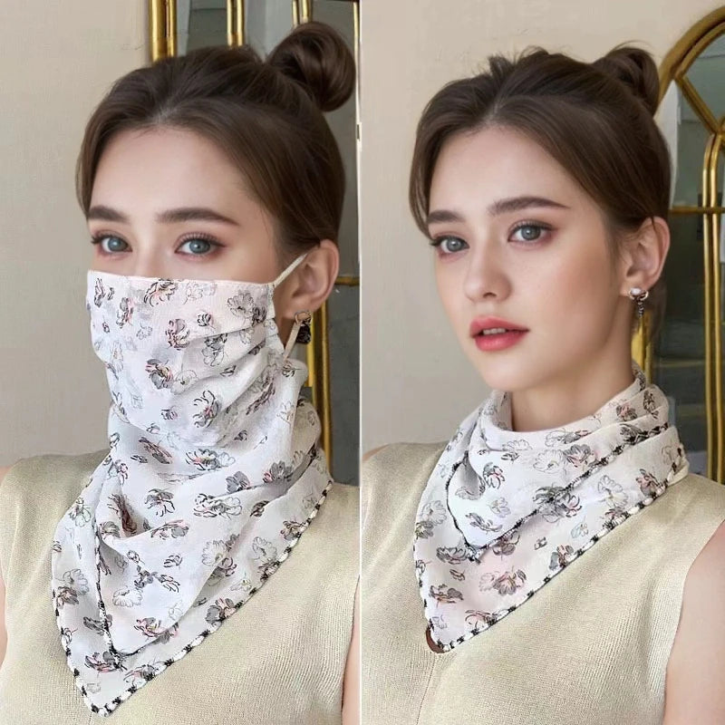 Women's UPF 50+ Floral Chiffon Sun Scarf & Neck Bandana Sun Protection Scarf QXL White ink painting