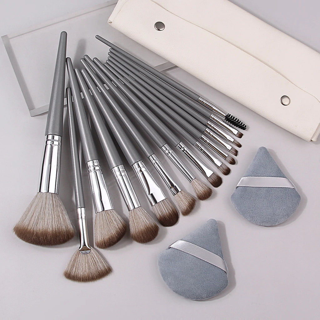 KOSSHOW 17-Pc Grey Makeup Brush Set with PU Travel Pouch Makeup Brush Set QXL