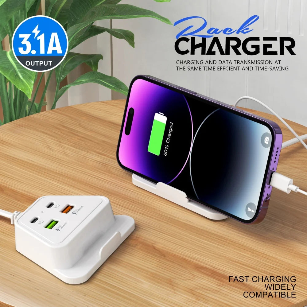 4-Port USB-C Fast Charger Power Strip with Phone Stand USB-C Charging Station QXL