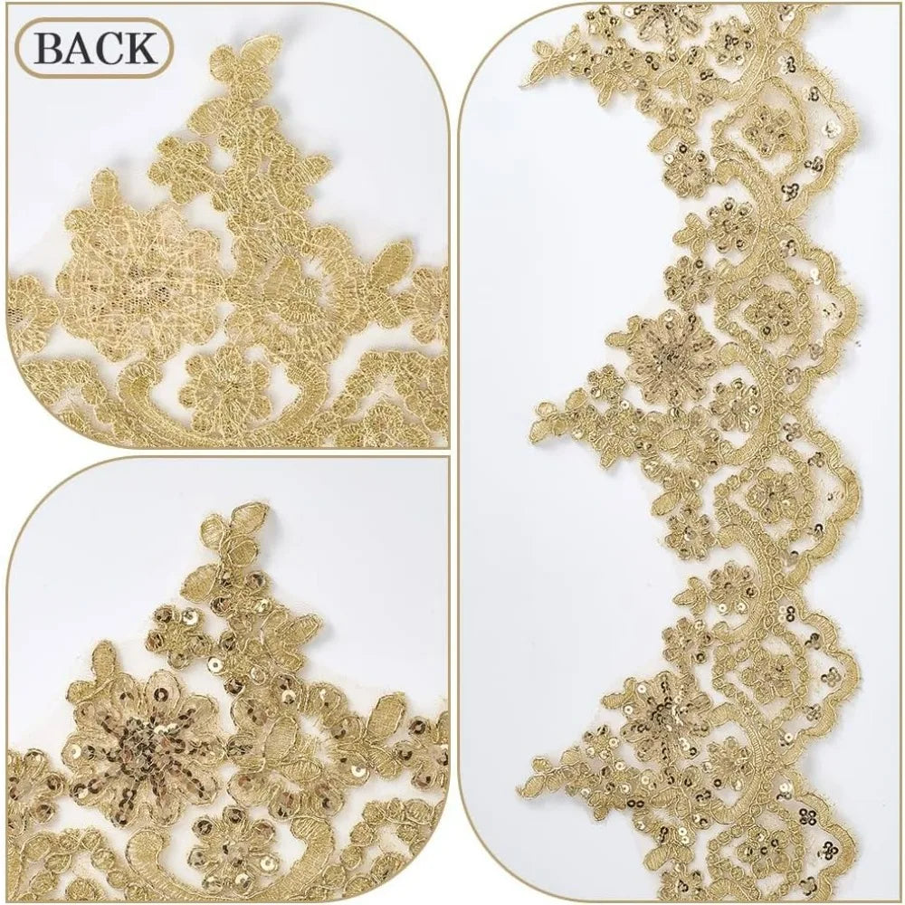 Gold Venice Lace Trim 3 Yards | Sequin Flower Embroidery Ribbon Lace Trim Ribbon QXL