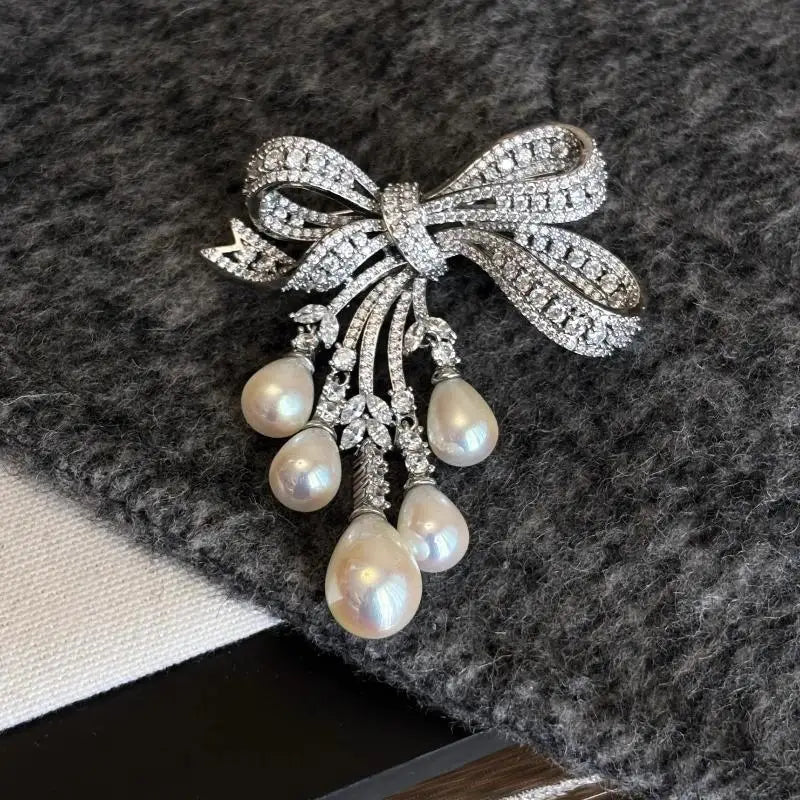 Zircon Pearl Bowknot Tassel Brooch Pin | Women's Corsage Brooch Pin QXL