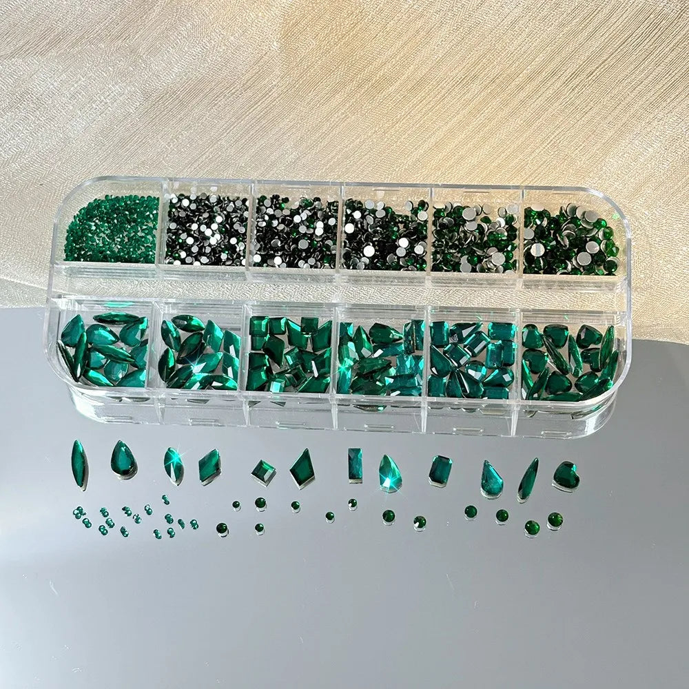 12-Grid 3D Nail Art Rhinestones | Mixed Shape Glass Charms Nail Art Rhinestones QXL Green