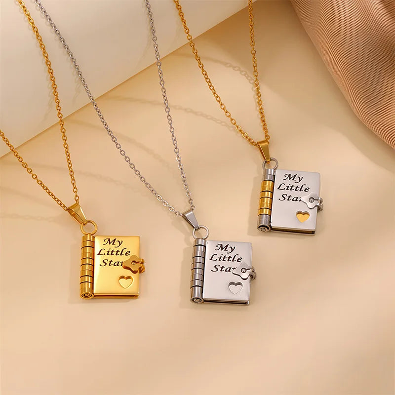 Stainless Steel Book Pendant Necklace | Family Keepsake Gift Pendant Necklace QXL