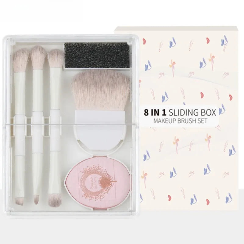 8-in-1 Portable Makeup Brush Set with Sliding Storage Box Makeup Brush Set QXL