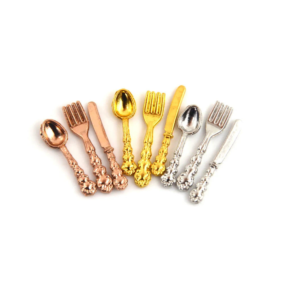 12-Pc 1:12 Dollhouse Miniature Metal Tableware | Fork Knife Spoon Dollhouse Miniature Set QXL