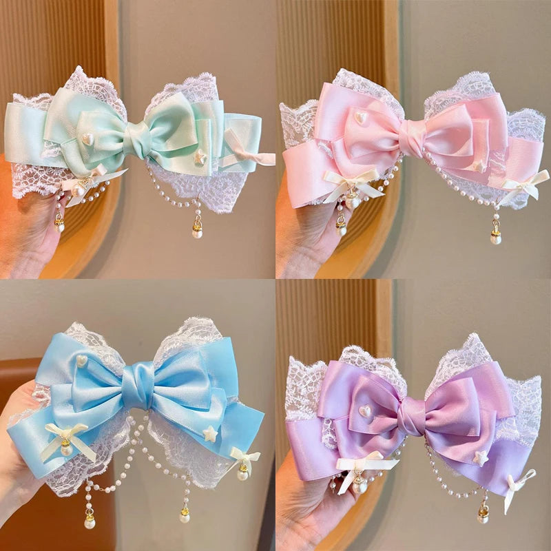 Lolita Pink Bow Hair Clip | Lace Pearl Princess Headpiece Lolita Hair Clip QXL