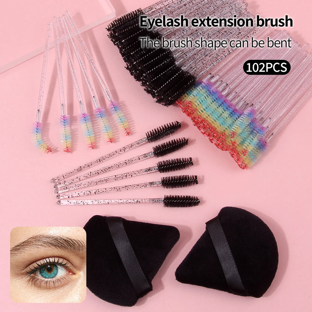 102-Pc Eyelash Spoolies & Triangle Powder Puffs Set | KOSSHOW Makeup Applicator Set QXL