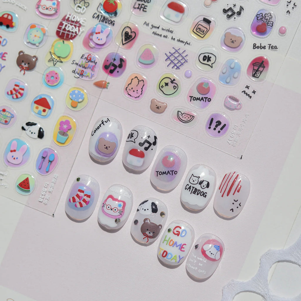5D Nail Stickers – Cute Cat Rabbit Mushroom Self-Adhesive Decals Nail Art Stickers QXL