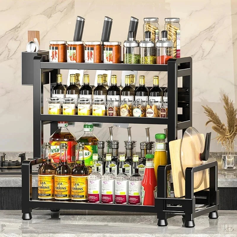 3-Tier Adjustable Metal Spice Rack with Knife Holder – Black Kitchen Spice Rack QXL