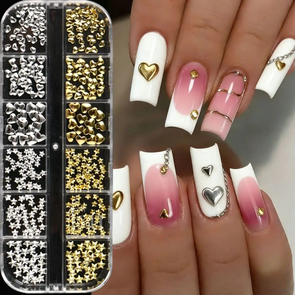 12-Grid 3D Metal Nail Charms | Gold Silver Heart & Star Set Nail Art Charms QXL