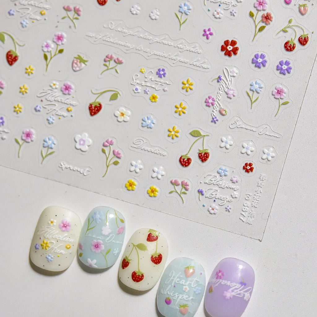 5D Embossed Floral Nail Stickers | Garden Berry & Flower Decals Nail Art Stickers QXL