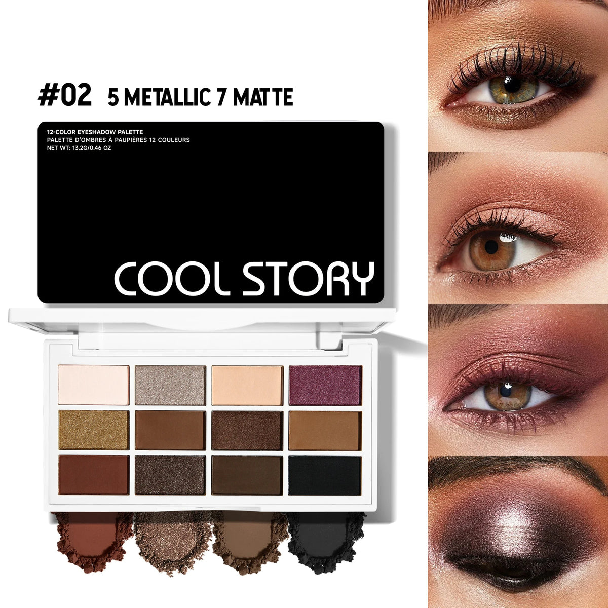 12-Color Eyeshadow Palette | Brown Nude Matte & Metallic Eyeshadow Palette QXL 02