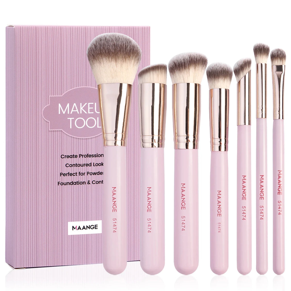 MAANGE 7-Piece Makeup Brush Set | Foundation, Blush & Eyeshadow Makeup Brush Set QXL Pink