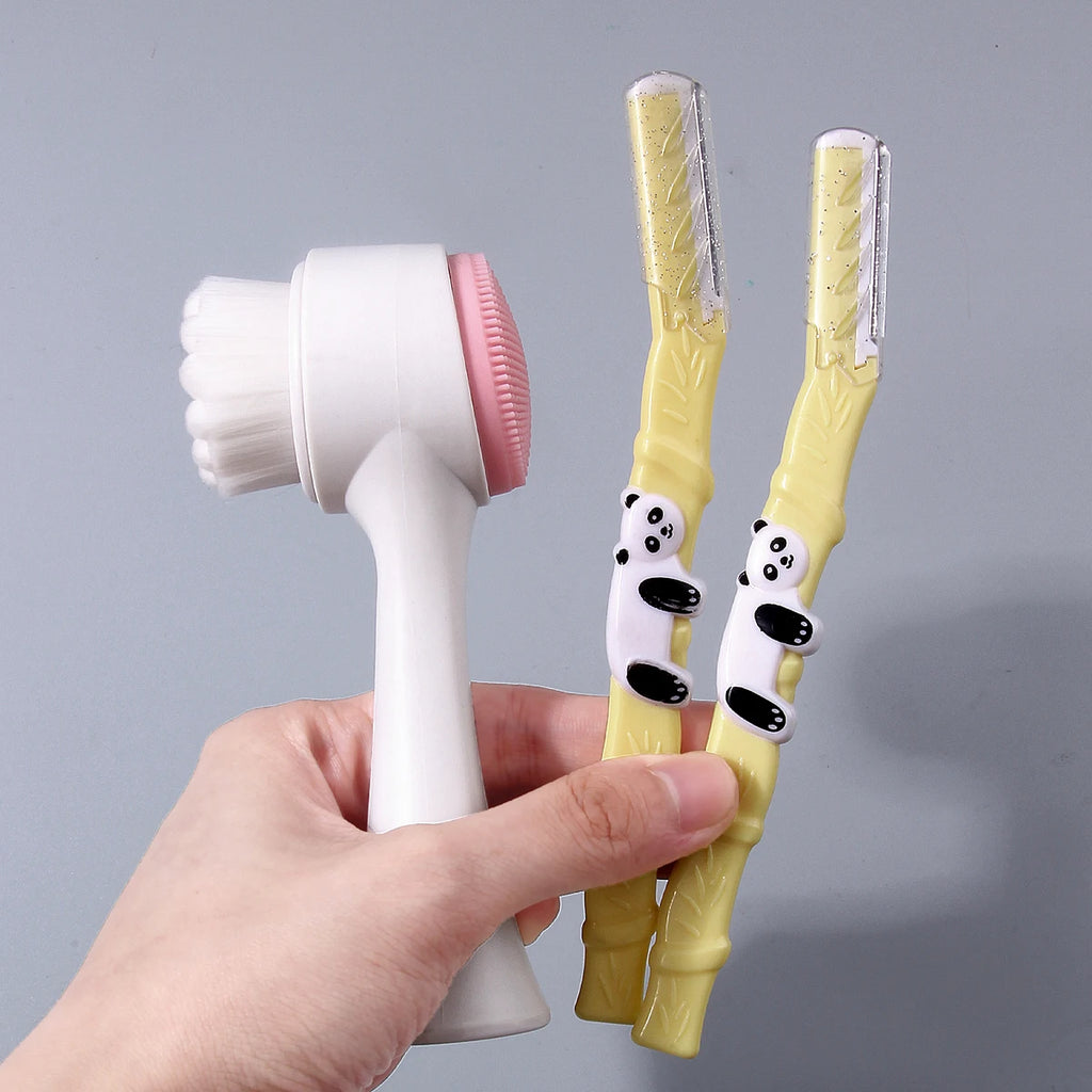 3-Pc Facial Cleansing Brush & Panda Eyebrow Trimmer Set Facial Cleansing Set QXL